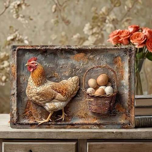 Cartel retro de chapa para gallinero, huevos frescos, accesorios divertidos con refranes, cartel de metal vintage para gallinero, jardín, accesorios y decoración de pared para la cocina