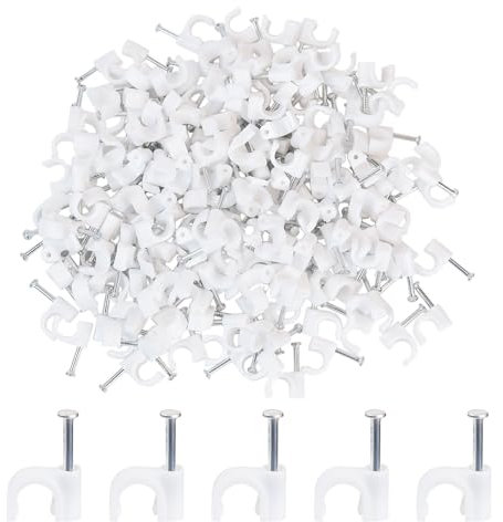 200 Pieces Cable Clips White Wire Nail Clips Ethernet Cable Wire Nails Tacks Clips Cable Management Wire Wall Clips Cord Holder 7mm Nail Cable Clips Round Coaxial Cable Clamps Cords Staples (White)