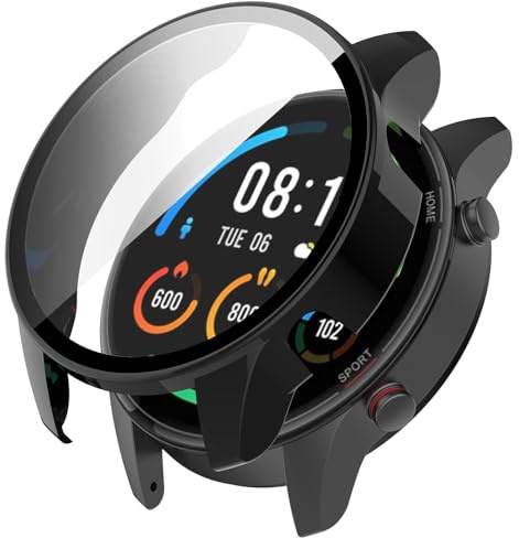 Schutzhülle für Xiaomi Mi Watch Hülle, Harter PC Case Cover mit Glas Schutzfolie Displayschutz, Anti-Kratz Anti-Staub Schutz Gehäuse für Xiaomi Mi Watch Color/Sport (Black)