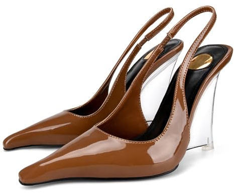 Goolita Slingback Heels for Women, Pointed Closed Toe Clear Wedge Heels Sexy Patent Leather Slip On Office Dress Pumps Shoes