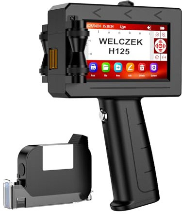 WELCZEK H125 Stampante a Getto d'Inchiostro Portatile e Manuale per Testo/Logo/Codice QR/Data/Lotto/Serie | Sistema di Marcatura Industriale su Cartone/Metallo/Plastica/Ceramica/Legno/Tessuto