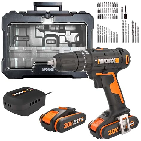 WORX WX370.2 Akku Schlagbohrschrauber 20V, 50Nm, 2-Gang-Getriebe, zum Schrauben, Bohren & Schlagbohren, 20 Drehmoment- + Bohrstufen + Schlagfunktion (inkl. 2x2Ah Akku, Ladegerät & Set mit 51Stk. Bits)