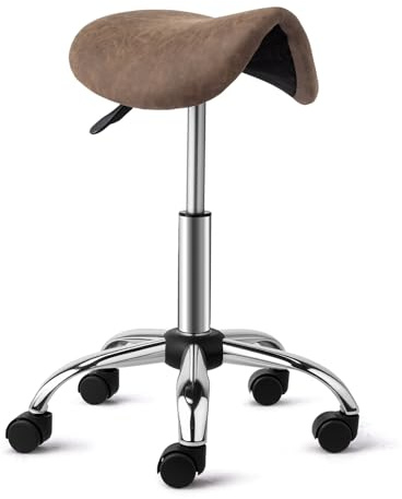 Bonnlo Tabouret de Selle, Tabouret à roulettes Réglable en Hauteur, Tabouret de Bureau Rotation à 360°, Revêtement en PU (Noyer, sans Dossier (53P x 53l x 63H cm))