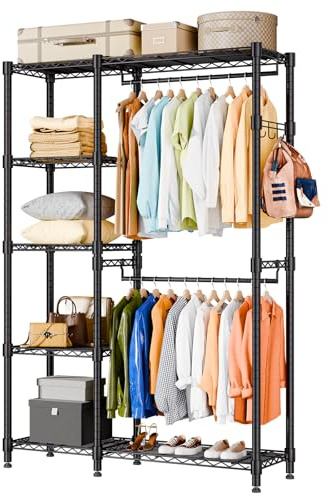 Himimi Kleiderständer Stabil, Kleiderschrank Offen mit Doppel-Kleiderstangen & 5 Höhenverstellbaren Regalen, Metall Garderobe Kleiderständer Schwerlast für Schlafzimmer Flur, 114 x 44 x 195cm Schwarz