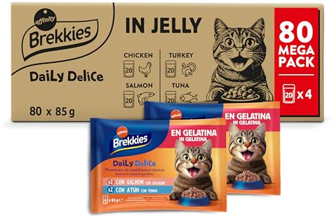 Brekkies Daily Delice Comida Húmeda para Gatos Bocaditos en gelatina (Pollo, Pavo, Salmón y Atún) - Jumbo Pack de 80 x 85g