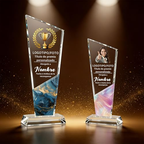 WBW Trofeo de Cristal Personalizado con Logo y Foto Trofeo Personalizado Placa Conmemorativa Personalizada Grabada UV Premio de Cristal para Empresas Deportes y Reconocimiento (Trofeo de Acuarela)