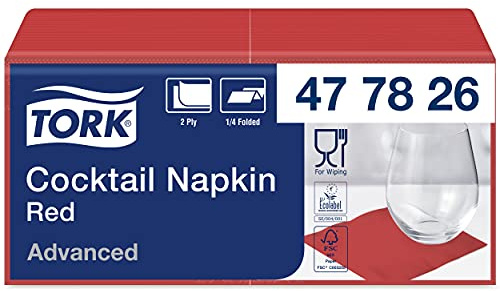 Tork 477826 Tovagliolo Cocktail rosso Advanced, 2 veli, 12 pacchi x 200 tovaglioli (2400 pz), 24 cm (lungh.) x 23,8 cm (largh.)