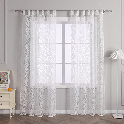Delien Voile Ausbrenner Gardine mit Ranken Muster transparenter Vorhang mit Schlaufen Wohnzimmer Gardinenschals BxH 140x245cm Weiß 1 St.