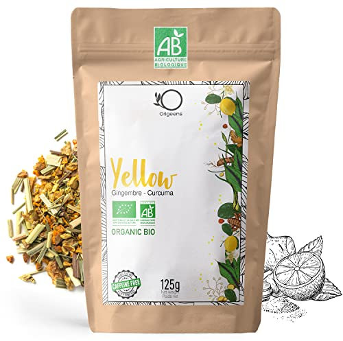 ORIGEENS Bio Tee Ingwer Kurkuma Yell-OW | Bio Kräuter-Tee Kurkuma Schwarzem Pfeffer Ingwer und Zitrone | Als Eistee, heißer Kräutertee, Goldene Milch, Kurkuma Latte