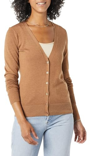 Amazon Essentials Women's Lightweight V-Neck Cardigan Sweater, Camel Heather, X-Small
