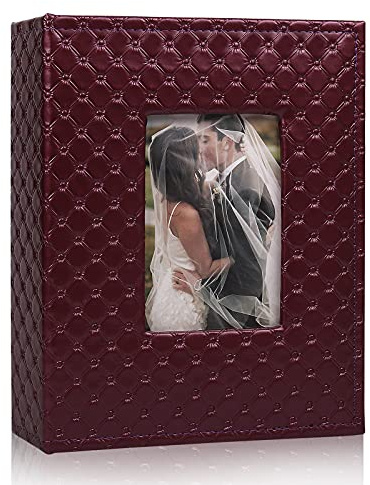 RECUTMS 4x6 Photo Album with 200 Horizontal Pockets Leather Cover Picture Album with Window Design Small Slip-in Photo Albums Book for Family Travel Wedding Baby Couple Valentines Day Gift(Wine Red)
