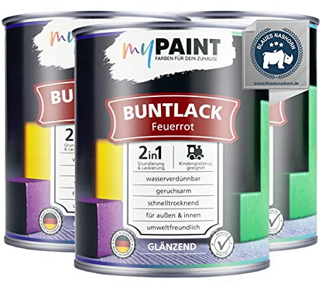 myPAINT® vernice colorata 2in1 (2,25L, RAL 3000 rosso fuoco) extra lucido vernice acrilica - vernice per giocattoli per bambini - vernice per legno - vernice per legno da interni