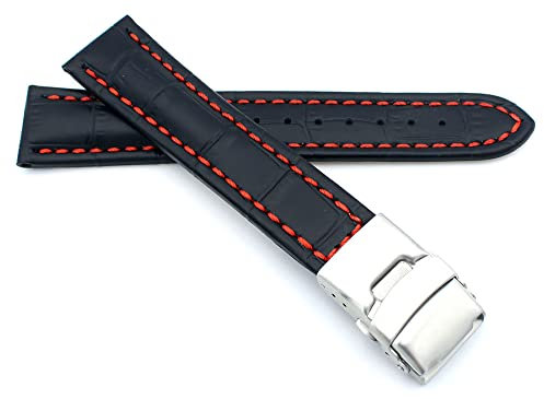 Sulla 22mm Uhrenband Alligator Prägung Genuine Leder Armband mit Faltschließe aus Edelstahl Schwarz Rote Naht