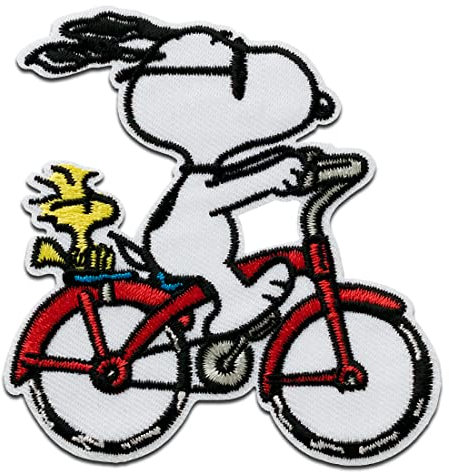 Mono Quick Peanuts Snoopy Fahrrad - Aufnäher, Bügelbild, Aufbügler, Applikationen, Patches, Flicken, zum aufbügeln, Größe: 7,8 x 7,4 cm