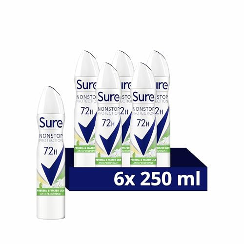 Sure Women Nonstop Protection Freesia & Water Lily Antiperspirant Deodorant Aerosol pack of 6 deodorant for women for 72-hour sweat and odour protection 250 ml, 250.0 milliliters