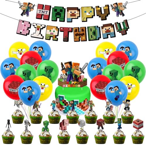 Philoctes Geburtstagsdeko Spiel Jungen, Gamer Spielthema Geburtstag Party Deko, Happy Birthday Dekoration Banner, Pixel Kindergeburtstag Deko mit Farbige Luftballons Cupcake Topper, Mehrfarbig
