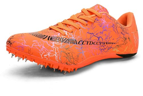 NGARY Men's Spikes Jumping Running Shoes, Leather Track and Field Shoes Lightweight Sprinting Shoes Racing Athletic Sneakers,Orange,3 UK