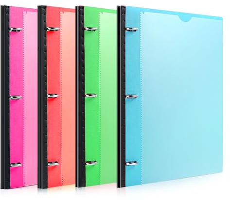 MAKHISTORY Telescoping 3 Ring Binder-4PCS, Flexible Binder with Customized Front Cover+Clear Catalog Pocket+3 Round Rings, Flat Writing Binder, 4 Bright Colors