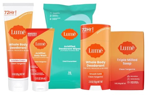 Lume Skin Care Gift Set for Women, Whole Body Deodorant Starter Pack -Smooth Solid Stick, Invisible Cream Tube, Acidified Body Wash Mini & Deodorant Wipes -Aluminum Free Odor Control (Clean Tangerine)