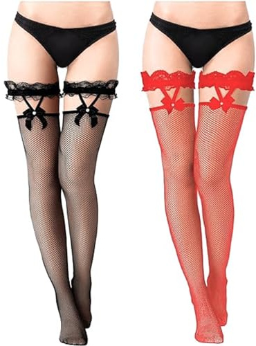 Leogony 2 Pairs Hold Ups Fishnet Stockings for Women, Red and Black Stockings Women's Suspenders Thigh High Sexy Stocking