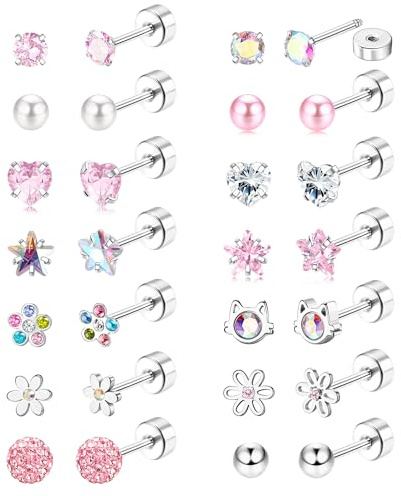 JeweBella 12/14 par små örhängen kirurgiskt stål för kvinnor flickor flickor örhängen allergiska örhängen silver örhängen hjärta blomma zirkon pärla flerfärgad uppsättning örhängen dam