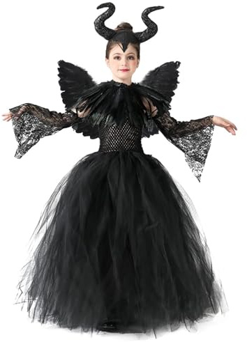 AOLIUP Halloween Maleficent kostym för barn: Flickor onda drottningsklänning set med horn huvudbonad svarta vingar cape för halloween karneval maskerad utklädnad cosplay party kläder