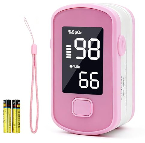 Oxymètre de pouls à l'extrémité des doigts Pink, Moniteur de saturation en oxygène sanguin pour enfants et adultes, O2mètre haute précision pour toutes les peaux, Batterie et bavette inclus (rose)