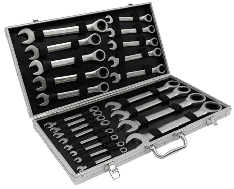 Beaudreaul Set di 22 chiavi a cricchetto a cricchetto, 6 – 32 mm con scatola chiave a cricchetto, chiave ad anello, chiave a cricchetto, chiave ad anello a cricchetto, per officine, servizi chiave
