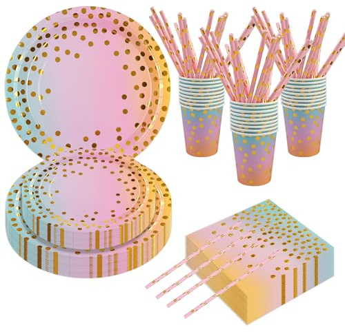 80 stycken födelsedag party porslinsset, gradient prickar dekorationer diskmaskin födelsedagsfest tallrik servetter papperssugrör för flickor kvinnor lycklig födelsedagsdekoration serverad 16