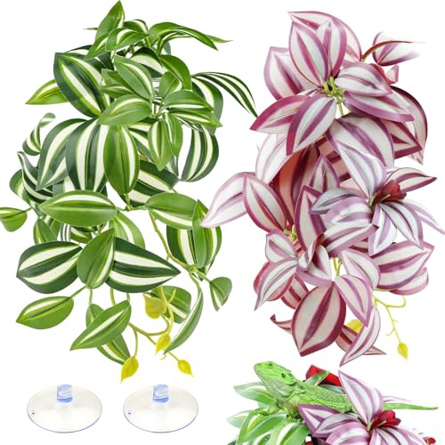 QUOZUO 2 Pack Reptile Plants for Terrarium, Artificial Leaves Habitat Decorations with Suction Cups, Terrarium Hanging Plants Vines for Bearded Dragons Lizards Snake Geckos Frogs - Purple and Green