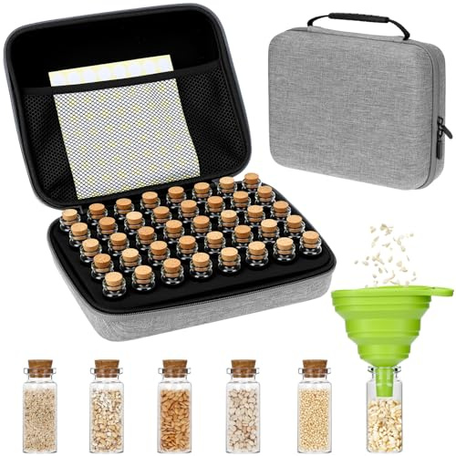 QWORK® Caja almacenamiento semillas, 40 ranuras de almacenamiento de semillas con tapón de corcho, etiquetas y embudo, para semillas de verduras, frutas y flores