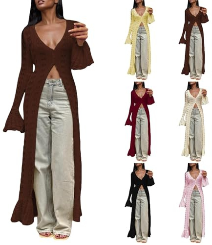 Generisch Cardigan long au crochet pour femme - Boutonnière - Cardigan élégant - Découpé - Hollow Out Button Down Cover Up - Manches longues