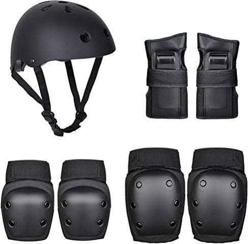 Jauarta Juego de 7 piezas de equipo de protección para patinaje, incluye rodilleras, coderas, almohadillas de palma para niños y adultos (color negro)