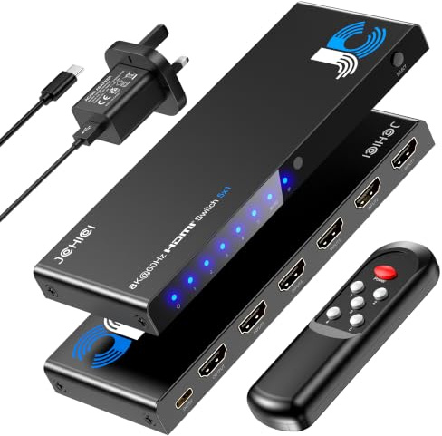 HDMI-omkopplare 5-i-1 ut 8K @60Hz 4K @120Hz – HDMI 2.1-omkopplare med fjärrkontroll, automatisk växling – stöder HDCP 2.3, HD R10, Dolby Vision, 3D, VRR – kompatibel med PS5/Xbox/PC/Blu-ray-spelare