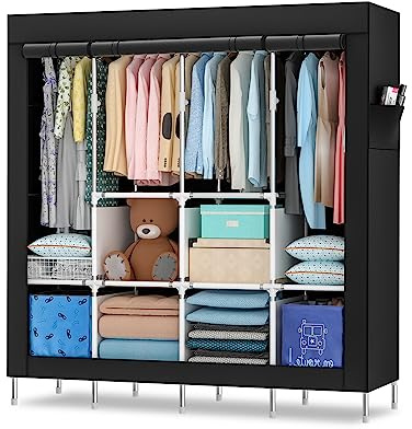 Mihoho Tragbarer Kleiderschrank, 170 cm Schrank zum Aufhängen von Kleidung, Kleiderständer aus Metall, freistehender Kleiderschrank mit Oxford-Stoffbezug,165 cm x 170 cm x 45 cm (schwarz S, Größe)