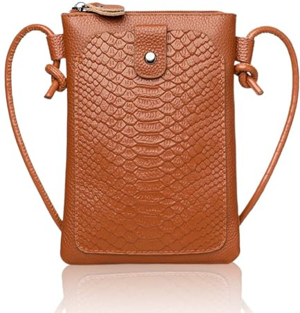 Eclove Genuine Leather Crossbody Phone Bag for Women Girls, Small Shoulder Bag Mobile Phone Purse with Card Slot and Zip Pocket, Fashion Sling Bag for Travel, Shopping, Daily Use (Brown)