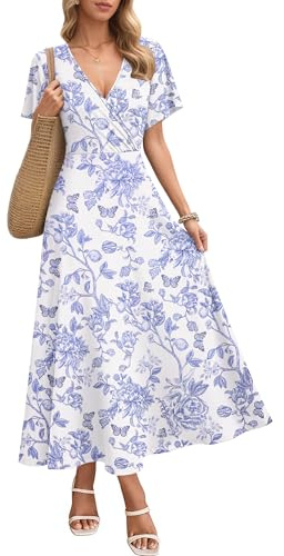 AUSELILY Robe Maxi Femme été 2026 - Robe d'Été Élégante à Manches Courtes Lâches avec Poches et Col V Robe Longue Vacances Plage Robe Femme Léger Confortable