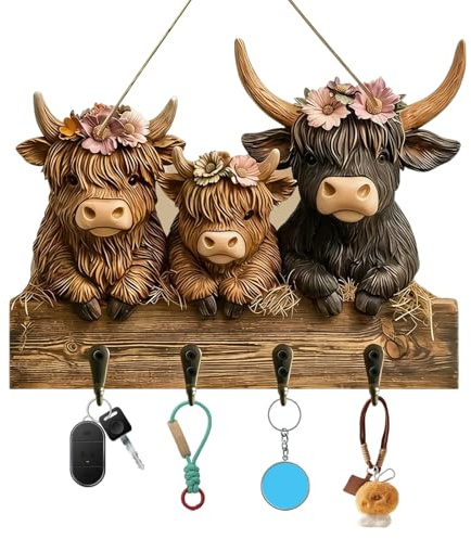 Zorbal 2D Highland Cow Key Holder, Wooden Key Hooks for Wall, Towel Hook Coat Hanger with 4 Hooks, Decorative Keys Holder for Entryway Hallway, Highland Cow Gifts