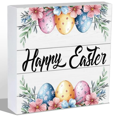 YUNKKIN Easter Table Decorations Easter Decorations Indoor Eggs Flowers Grass Home Room Office Bathroom Wood Box Sign Rustic Wooden Shelf Desk Decor Season Sign House Warming Gifts 5.9 x 5.9 Inch