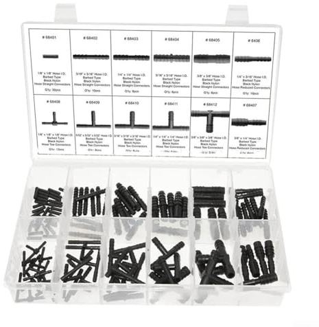 Set assortito di 128 connettori per tubi flessibili automobilistici, riduttori in plastica, connettori dritti e a T per sistemi di raffreddamento, carburante e irrigazione con custodia, nero
