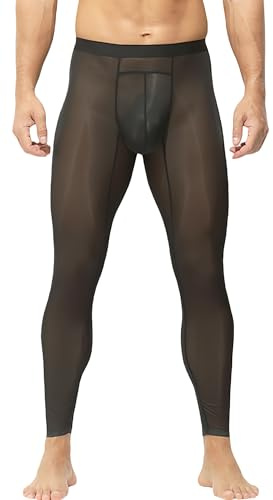 FEOY Men Sexy Leggings Ice Silk Sheer Tights Underwear Glossy Sports Pants Transparent Black
