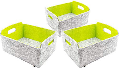 3er Set faltbarer Aufbewahrungskörbe aus waschbarem Filz graumeliert/grün, 30x24x15cm. Ordnungsbox, Regalbox, Faltbox, Spielzeugkorb, Filzkorb