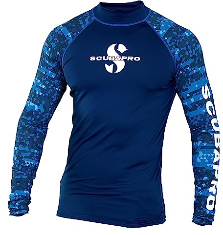 SCUBAPRO UPF 50 Rash Guard Long-Sleeve Men’s Diving Shirt, for Scuba Diving and Water Sports, Pull-On Polyester Exposure Protection Layer, Small, Blue