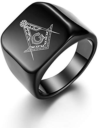 JewelryWe Men's Masonic Ring Polished Black Plated Stainless Steel Freemason Signet Ring Bands