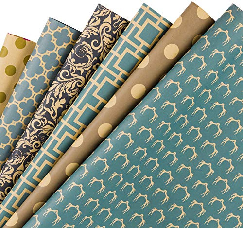 RUSPEPA Hoja de Papel de Regalo - Papel Kraft Azul Oscuro con Diseño Geométrico - 6 Hojas Empaquetadas en 1 Rollo - 44,5 X 76 cm Por Hoja