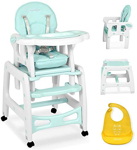 Ricokids Sinco - Trona infantil para bebé que crece, trona multifunción 5 en 1, mesa + silla de bebé regulable, función de balancín, inclinación regulable en 3 posiciones del respaldo, color turquesa