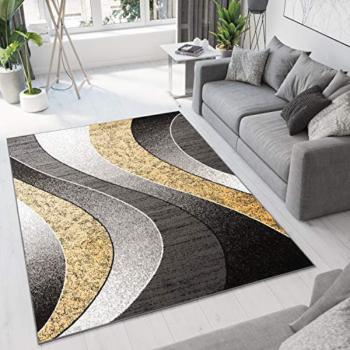 TAPISO Dream Teppich Wohnzimmer Schlafzimmer Esszimmer Kurzflor Modern Meliert Wellen Grau Dunkelgrau Gold Gelb ÖKOTEX 300 x 400 cm