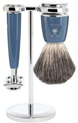 MÜHLE Rytmo Rasierset - Rasierhobel und Rasierpinsel reines Dachshaar, Halterung, Edelharz Griff petrol