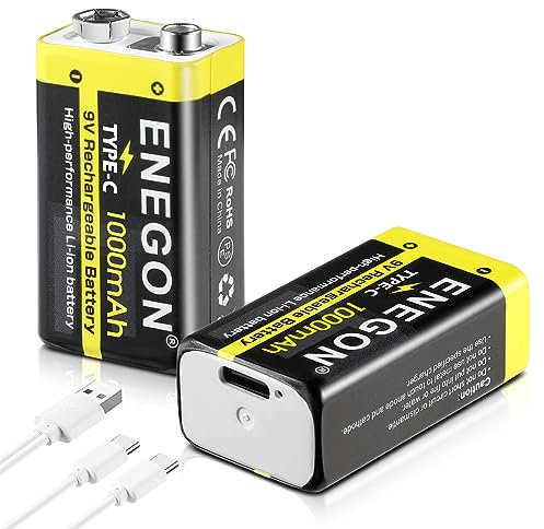 ENEGON 2 x Baterías de Litio Recargables de 9V, 1000mAh con Cable de Carga USB-C 2 en 1, Baterías de Alta Capacidad para Detectores de Humo, Micrófonos, Walkie-talkies y más