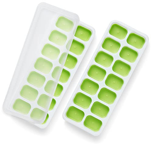 KEPLIN 2pk Silicone Ice Cube Trays with Non-Spill Lids, Easy to Remove Tray, LFGB Certified BPA Free, Flexible Silicone Ice Cube Moulds, Parties, Drinks, Cocktails & Frozen Liquids (Green)